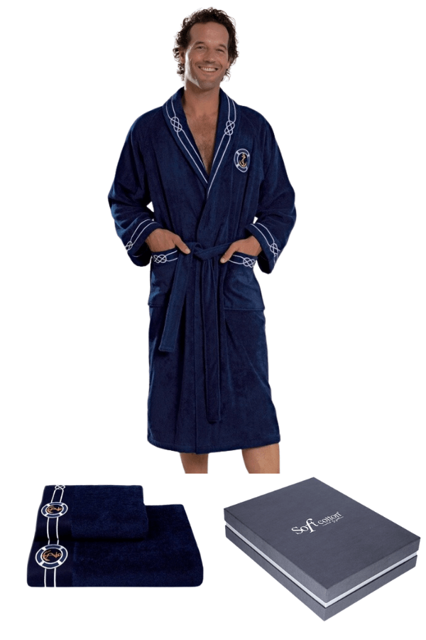 Levně Pánský župan MARINE MAN v dárkovém balení + ručník + osuška Tmavě modrá XL + ručník + osuška + box