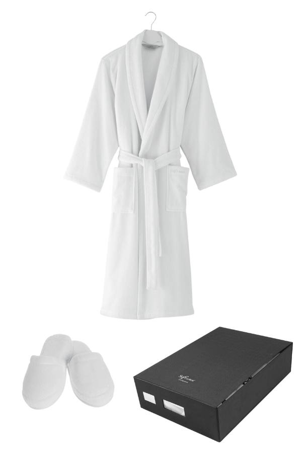 Damen- und Herrenbademantel MICRO COTTON  + Schlappen XXL + Schlappen (42/44) + Geschenkverpackung Weiß / White