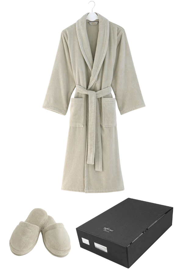 Unisex-bademantel MICRO COTTON  + Schlappen XXL + Schlappen (42/44) + Geschenkverpackung Hellbeige / Light beige